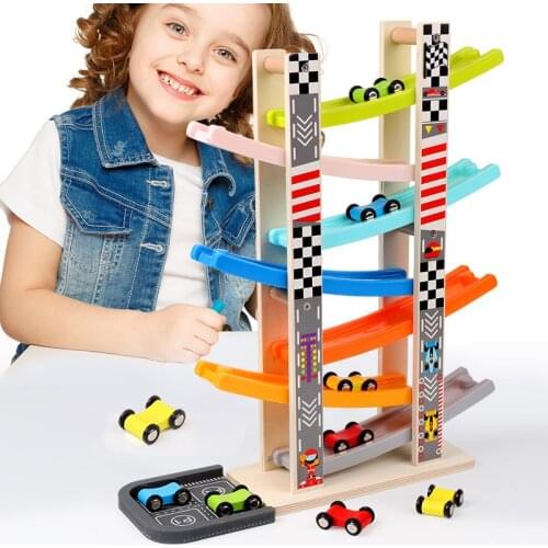 Wooden Car Ramp Racer Toy Vehicle Set with 7 Mini Cars & Race Tracks Montessori Toys Craft for Toddlers Boys and Girls