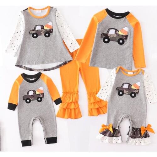 Girlymax Halloween Baby Girls Boys Corn Truck Camo Romper Toddler Pants Set Boutique Cotton Family Look Kids Clothing