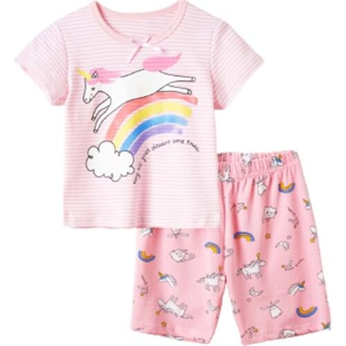 Children Pajamas Set Kids Baby Girl Cartoon Print Striped Casual Costume Short Sleeve O Neck Shorts Sleepwear Pajamas Sets 3-9T