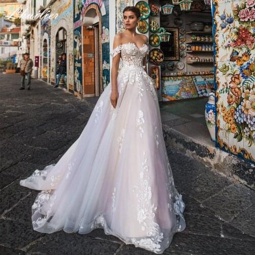 Lhuilier Elegant A-line Off the Shoulder Wedding Dresses 2020 Floor Length Lace Appliques Court Train Bridal Dress with Flowers