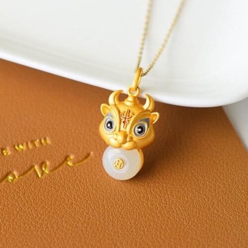 Natural Hetian Jade Peace Buckle Ox Pendant Twist Qiankun Cute Ancient Sterling Silver Inlaid Animal Year Necklace