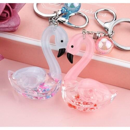 Exquisite Little Swan Keychain Acrylic Quicksand Oiled Keyring Bag Car Pendant Keyfob Symphony Leather Strap Key Chains Gift