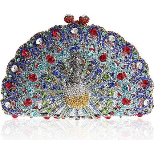 Luxury peacock rhinestone bag corrugated metal crystal evening bag cosmetic bag