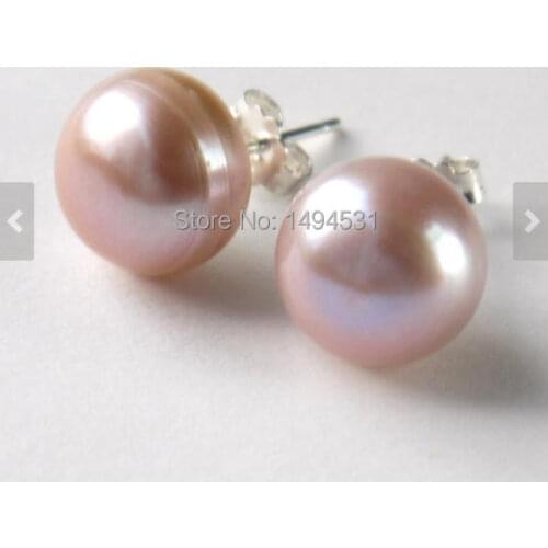 Wholesale Pearl Jewelry, Large Pink Color AA 12MM Genuine Freshwater Pearl Stud Earrings , S925 Sterling Silvers Post Earring