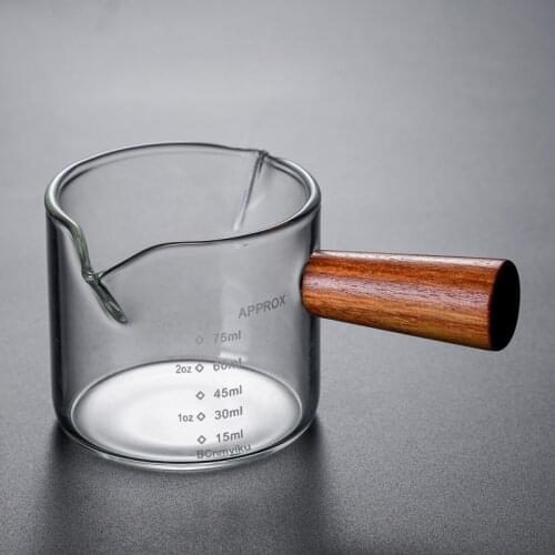 Wooden Handle Double Tip Milk Cup with Graduated 75ml Coffee Oz Double Measure High Borosilicate Glass Measuring Seasoning Cup