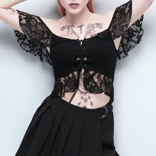 Vintage Crop Top Off Shoulder Patchwork Lace Sexy Strap Tops Women Dark Style Camisole Bandage Fashion Short Vest Summer Tank