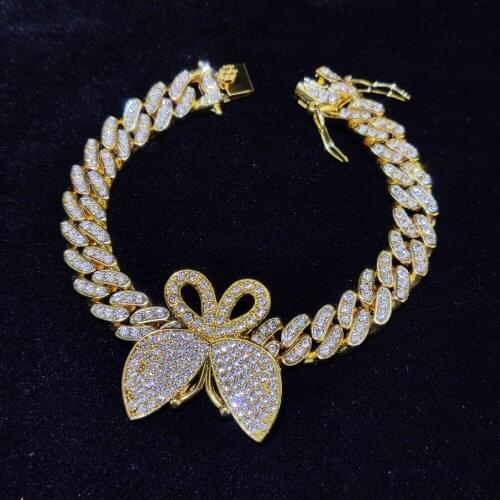 Hip Hop 11MM Prong Micro Pave Cubic Zircon Alloy Cuban butterfly Chain Bracelet Bling For Men Women Jewelry