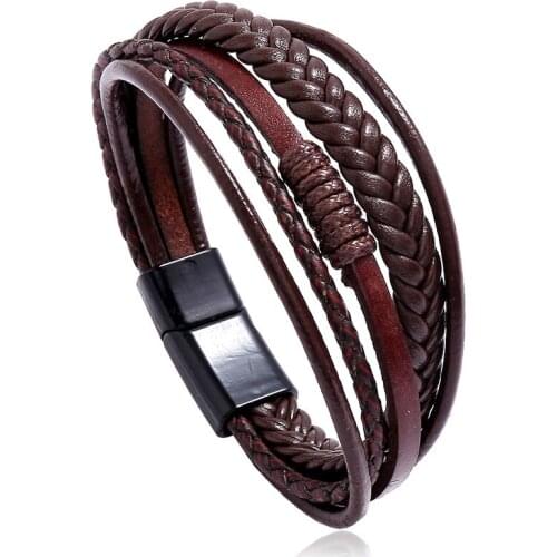 High Quality Pu Leather Multi-Layer Briaded Crafts Men Bracelet Jewelry Fashion Alloy Magnet Connector Handmade Bracelet Jewelry