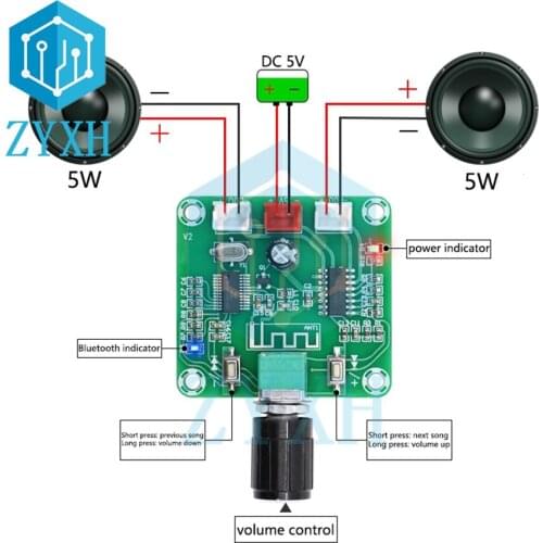 XH-A158 PAM8403 Bluetooth 5.0 Amplifier Board Class D 5W*2 Stereo Audio AMP Volume Control DC 5V For Laptop Speaker
