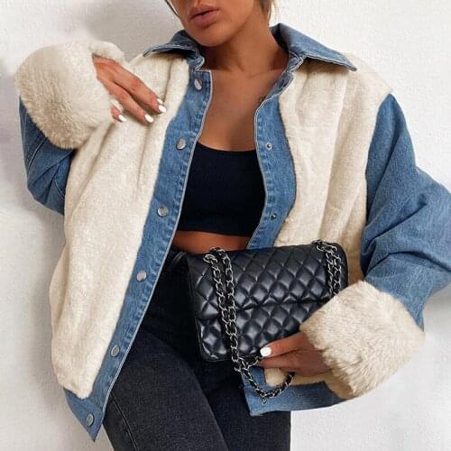 New Women Fashion Warm Fleece Denim Patchwork Coat Jacket Lady Autumn Winter Casual Loose Long Sleeve Jackets Outwear Streetwear