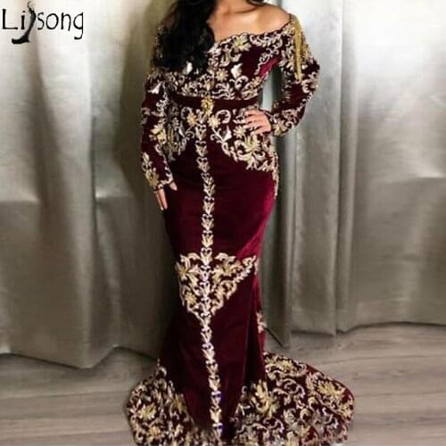 Burgundy Mermaid 2020 Arabic Caftans Evening Dress Lace Beaded Velvet Prom Dresses Off Shoulder Long Sleeves Formal Party Gowns