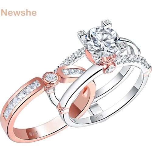 Newshe 925 Sterling Silver Engagement Ring Set Rose Gold Wedding Band For Women Round Cut Simulated Diamond CZ Jewelry