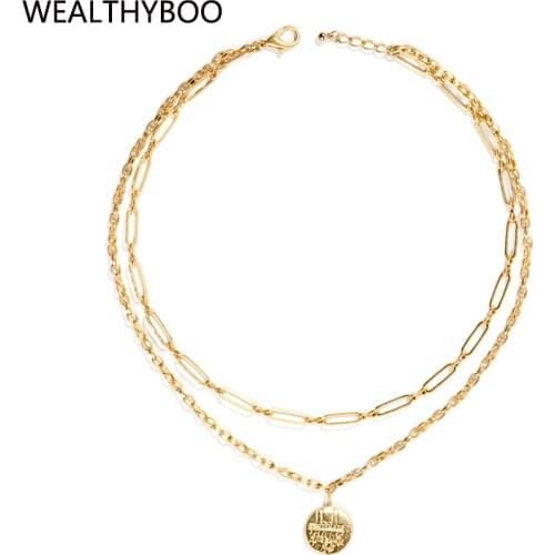 Golden Stainless Steel Coin Necklace For Women Metal Medal Toggle Necklace Collares Gold Multi Layered Necklace Portrait Lock