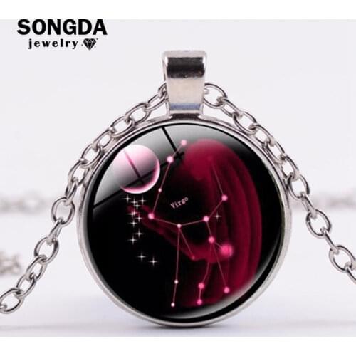 SONGDA 12 Constellations Necklace Cancer Leo Virgo Libra Zodiac Sign Glass Cabochon Pendant Children Long Necklace Birthday Gift