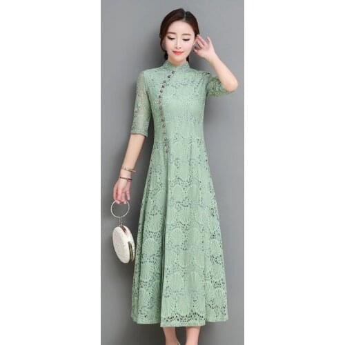 2020 Spring Summer Modern Cheongsam Women Ao Dai Vietnam Lace Chinese Dress Qipao Long Qi Pao Party Vintage Elegant Dress 12724