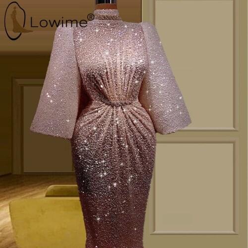 2021 Sparkly Sequin Long Sleeve Mermid Evening Dresses Mulism High Neck Evening Gowns Floor Length Formal Women Dress
