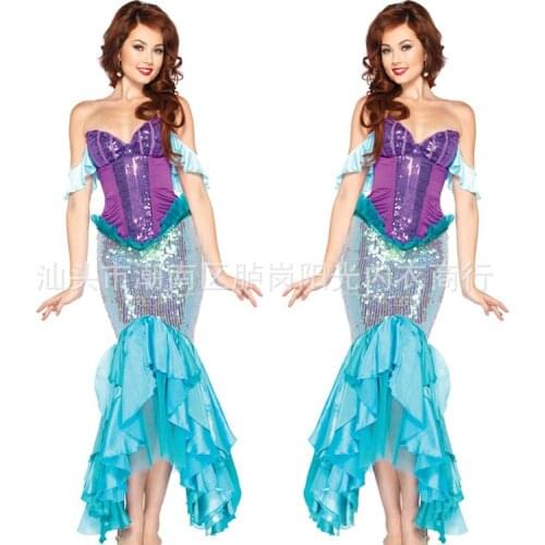 Noble Mermaid Princess Costumes Sea Girl Bling Sequins Beading Scales Sexy Strapless Cotton Purple Cosplay V-Neck Hot T1091
