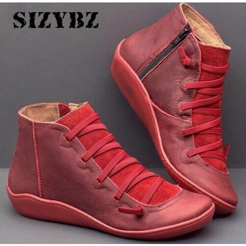 Hot Women PU Leather Ankle Boots Women Autumn Winter Cross Strappy Vintage Women Punk Boots Flat Ladies Shoes Woman Botas Mujer