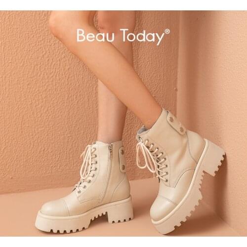 BeauToday Platform Ankle Boots Women Cow Leather Round Toe Lace-Up Side Zipper Punk Style Female Chunky Sole Shoes 04434
