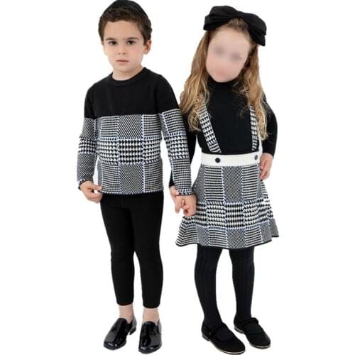 Kids Sweaters Brother Sister Mathcing Knitted Clothes Plaid knit Pullover Tops A Line Skirt Baby Strappy Pants Bloomers