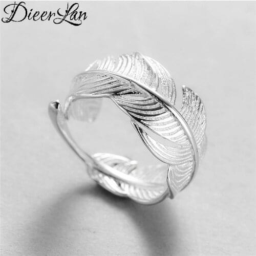 DIEERLAN Bohemian Simple Silver Color Big Feather Rings for Women Ladies Statement Jewelry Wedding Open Finger Rings
