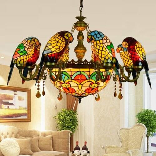 European style luxury bar crystal pendant American Tiffany art glass bird retro pendant lamp