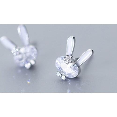 MloveAcc 100% 925 Solid Real Sterling Silver Rabbit CZ Stud Earrings for Women Girl Fine Silver Jewelry