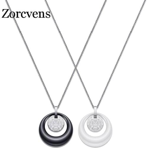 ZORCVENS Fashion Circle Ceramic Pendant Necklace Crsytal Pendant For Women Rhinestone Black /White Women Ceramic Necklace