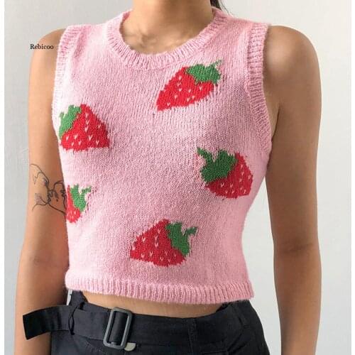 Fashion Knitted Vest Women Casual Strawberry Print Knitted Tank Top Knitwear England Style V-neck Sweater Vest