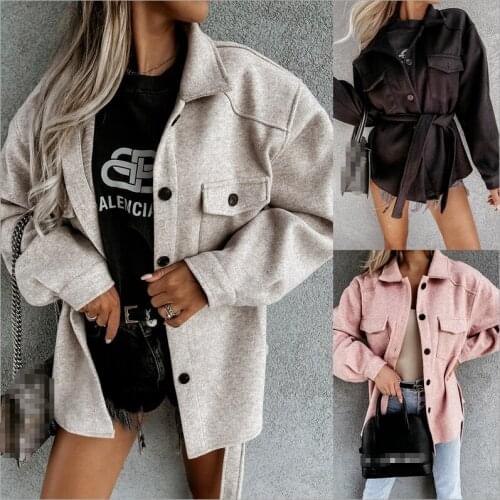 2021 European and American fall/winter new fashion Bandage solid color single-breasted woolen coat womens clothing
