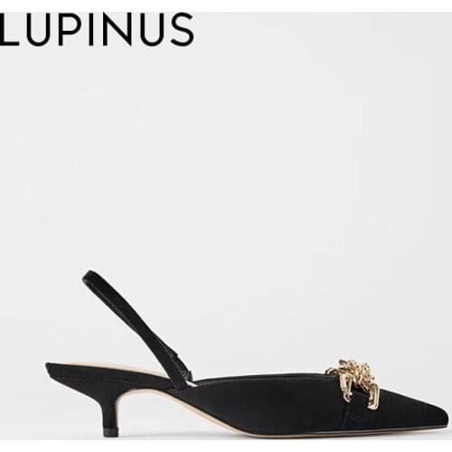 LUPINUS 2021 New Gold Chain Women Sandals Summer Back Strap Black High Heel For Women Fashion Pointed Metal Design Women Pumps