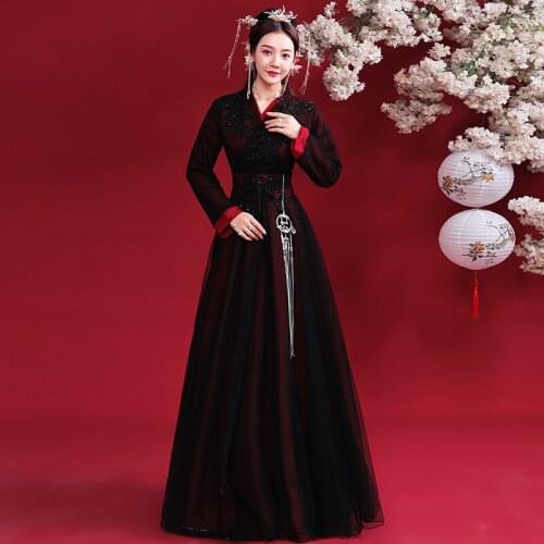 Original Ancient Style Improved Hanfu Female Black Elegant Hanfu Dress Chinese Folk Dance Costumes Performance Clothes SL4536