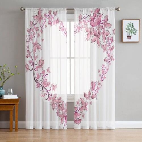Peach Flower Heart Decoration ValentineS Day Sheer Curtains for Girl Kids Bedroom Kitchen Window Drapes Curtain Home Decoration