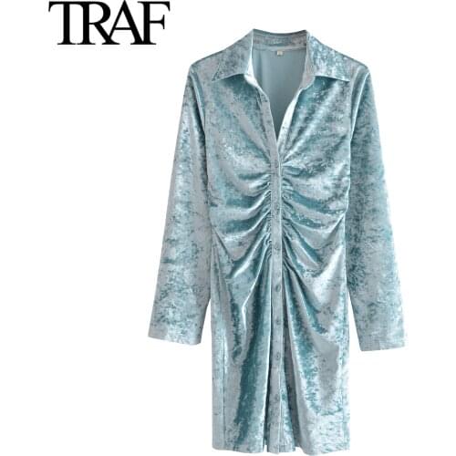 Traf Za Women Fashion Autumn Winter Vintage Pleated Velvet Dresses French Elegant Shirt Dress Mini Dress Vestidos Mujer