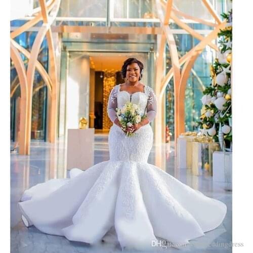 Mermaid Plus Size Bridal Gowns Square Neckline Long Illussion Sleeves Wedding Dresses With Applique Sweep Train Custom Made