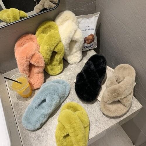 Cross band&open toe comfy hair slides mujer solid creepers flats fluffy womens slippers outdoor candy colors large size 35-42