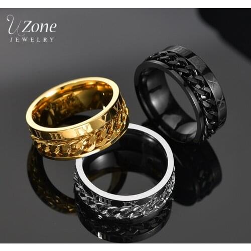 Uzone Punk Roman Numbers Spinner Rings Gold Black Stainless Steel Rotatable Chain Ring For Men Boys Birthday Party Gift Anillos