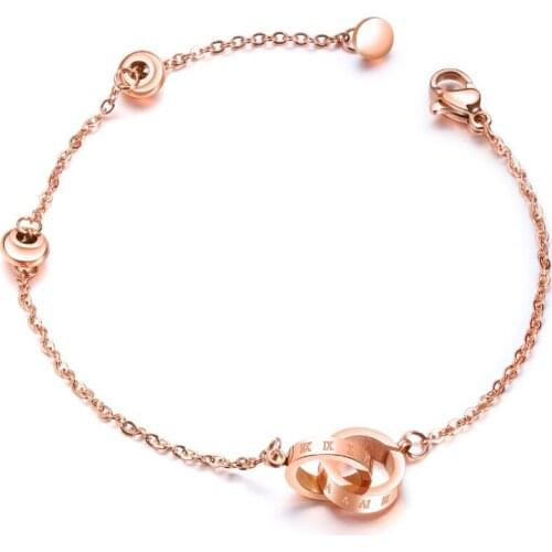 Fashion cute Stainless Steel Two round buckle Bangles Bracelets For Women Rose Gold Color Extended Charm Chain Jewelry