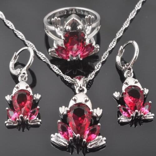Frog Design For Women Rose Red Zirconia Silver Color Jewelry Sets Necklace Pendant Earrings Ring QZ0317