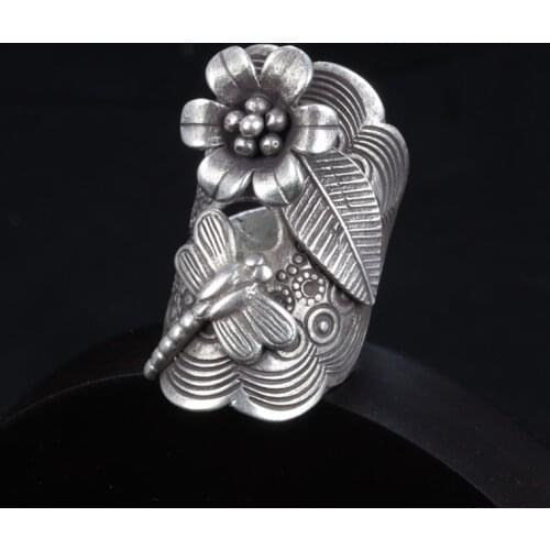 Fashion S925 Sterling Silver Handmade Dragonfly Leaf Flower Wide Exaggeration Woman Ring Long Opening 16g Suitable for everyone
