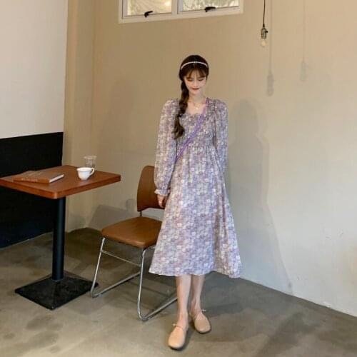 Woman Dress Floral Square Neck Short Sleeve Dress Womens Summer New Korean Style High Waist Slim Mid-length Dress