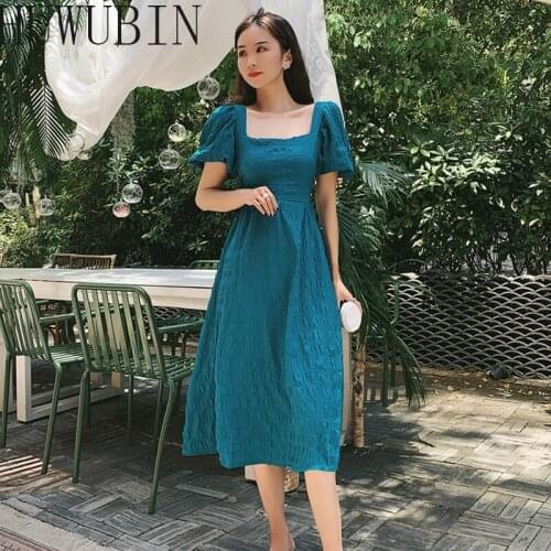 Summer New Paragraph Korean Edition 2021 Square Neck Bubble sleev Collect Waist Temperament Backless Medium Length Dress