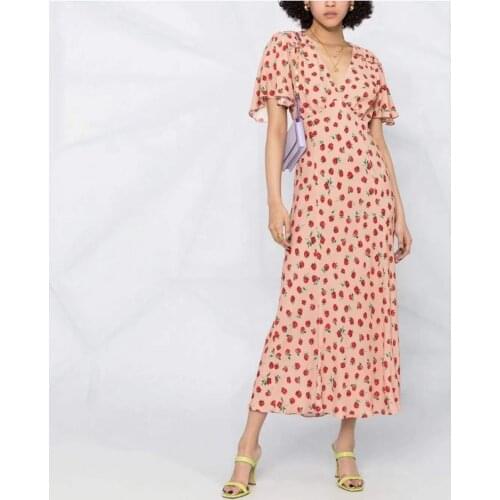 Women Dress 2021 Spring and Summer New Ladies Retro Style and Rose Print Floral Series V-neck Dress