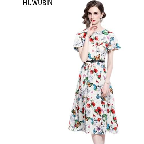 Europe Station Womens New Short Sleeve Fashion Printing Round Neck Slim Slim Waist High End Temperament Fashion Elegant Dress