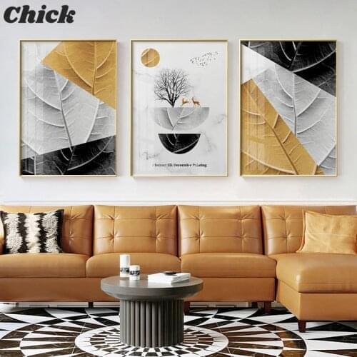 Gold White Black Leaves And Tree Abstract Painting Posters And Printings Guardian Spirit Painting Wall Pictures For Living Room