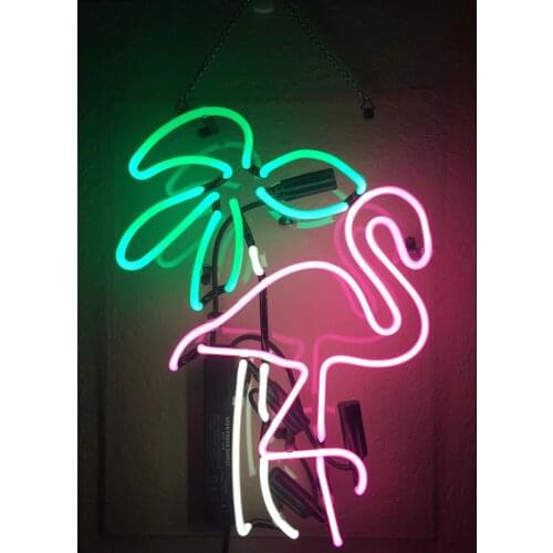 14“ Flamingo Palm Tree Acrylic Custom Neon Light Lamp Sign Beer Bar Glass Handmade Decorate Home Wall Room Windows Tube Artwork