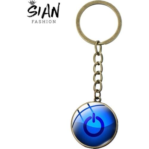 SIAN Power Switch Pattern Keychains Fashion Metal Glass Restart Button Symbol Man Women Car Key Chain Ring Gift Souvenir Jewelry