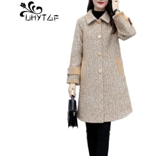 UHYTGF Noble Woolen women coat winter warm jacket women 5XL Plus size outerwear fashion Woolen Women winter jacket Korean X703