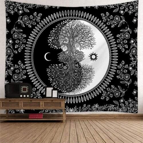 Tapestry Of Psychedelic Sun And Moon Wall Art Living Bohemian Hippie Black And White Wall Decoration