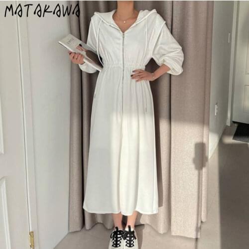 MATAKAWA Autumn and Winter Elegant Hooded Zipper Woman Dress High Waist Big Swing Femme Robe Korea Chic Sweatshirt Long Dresses